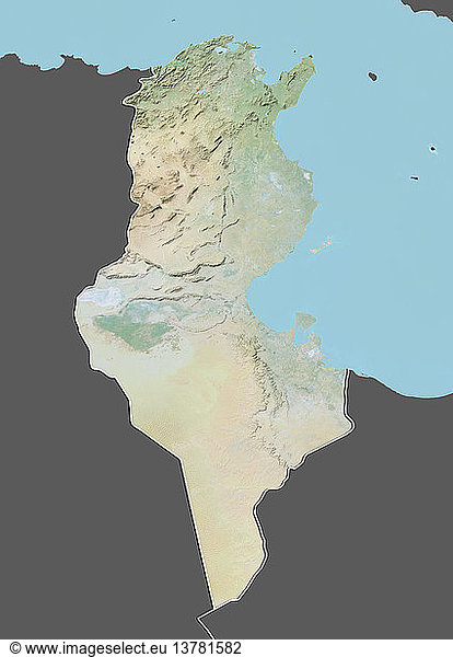 Reliefkarte von Tunesien (mit Rand und Maske). Dieses Bild wurde aus Daten der Satelliten Landsat 5 und 7 in Kombination mit Höhendaten erstellt.