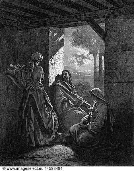 religion  biblical scenes  'Jesus with Martha and Mary'  wood engraving  by Gustave Dore (1832 - 1883)  France  circa 1865