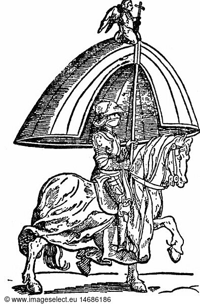 religion  Christianity  council  Council of Constance  rider with the hat of the Pope  woodcut  15th century  15th century  Middle Ages  medieval  mediaeval  graphic  graphics  Germany  Holy Roman Empire  Catholicism  papacy  occidental schism  full length  knight  knights  riding  horse  horses  armour suit  armor suit  knight's armour  knight's armor  banner  banners  Catholic Pope  Pontiff  Popes  religion  religions  council  councils  rider  riders  hat  hats  woodcut  woodcuts  historic  historical  man  men  male  people