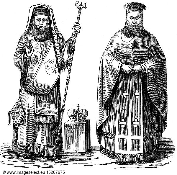 religion  Christianity  Greek Orthodox  bishop and priest of the Greek Orthodox church in regalia  wood engraving  19th century
