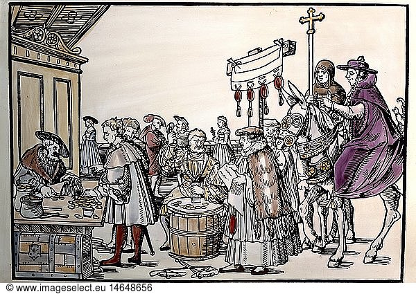 religion  christianity  indulgence  announcement of the papal indulgence  coloured woodcut by JÃ¶rg Breu the Elder  Augsburg  circa 1530