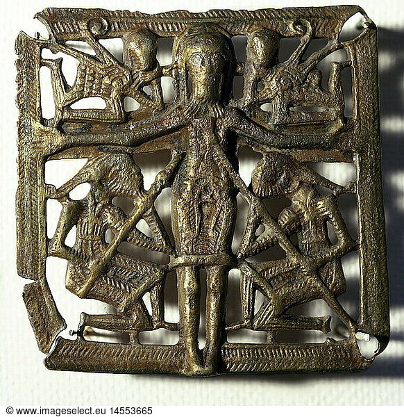 religion  christianity  liturgical objects  fitting  crucifixion of Jesus Christ  bronze  National Museum of Ireland  Dublin  historic  historical  Europe  fine arts  religious art  craft  handcraft  8th century  middle ages  medieval  people