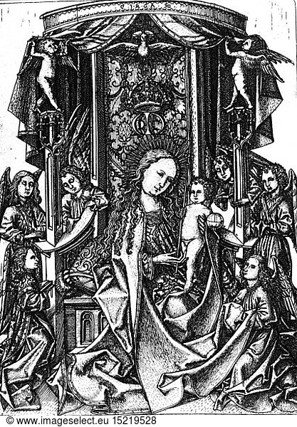 religion  Christianity  Madonna / Mary with child  Madonna enthroned  copper engraving  by Master E.S. (circa 1420 - circa 1468)  15th century  Royal gallery of prints  Berlin