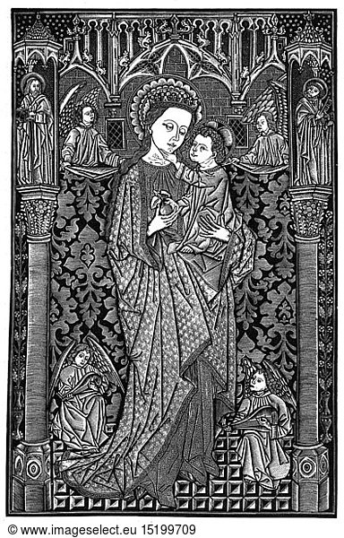 religion  Christianity  Madonna / Mary with child  Madonna surrounded by angels making music  metalcut  15th century  Royal gallery of prints  Berlin