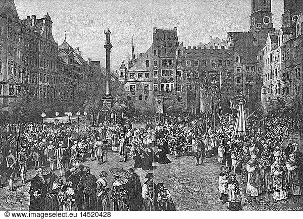 religion  chritianty  ecclesial feasts  Corpus Christi  procession on Munich Schrannenplatz in the 18th century  wood engraving after painting by Ludwig von Hagn  late 19th century  catholic feast  priests  nuns  Bavarian court  courtiers  nobility  burghers  soldiers  people  catholocs  Germany  Bavaria  Europe  historic  historical