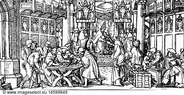 religion  Protestant Reformation / selling of indulgences  woodcut  attributed to Hans Holbein the Elder  early 16th century  historic  historical  indulgence  trade  trading  chest  pope  bishop  criticism  Germany  Christianity  papacy  people