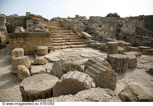 Remains of columns and capitals of the ancient Roman temple,  Carteia Archaeological,  San Roque,  Cádiz,  Andalucia,  España