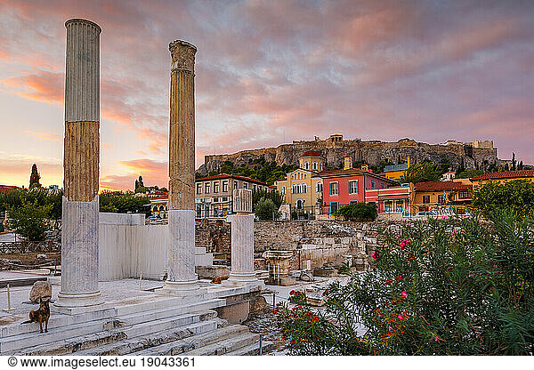 Remains of Hadrian's Library and Acropolis in the old town of Athens