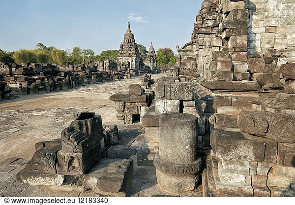 Remains of ruined ancient temples at the Sewu Buddhist Temple Compound. Special Region of Yogyakarta,  Java,  Indonesia.