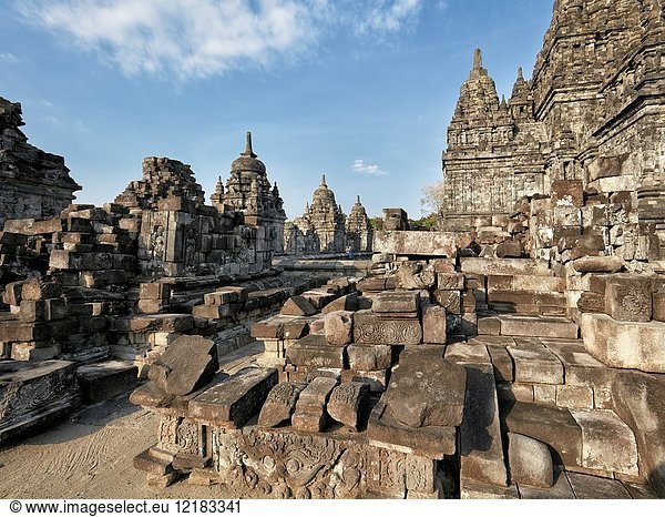 Remains of ruined ancient temples at the Sewu Buddhist Temple Compound. Special Region of Yogyakarta Java Indonesia.