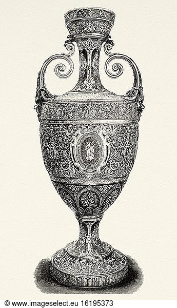 Renaissance style gold inlaid steel amphora. Old XIX century engraved illustration from La Ilustracion Espa?ola y Americana 1894.