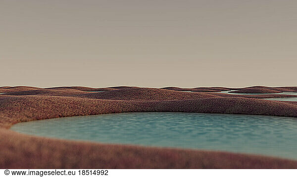 Render of brown rolling landscape with lake in foreground