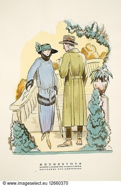 Rendezvous  Outfit und Ulster Mantel von Fabian & Hrich aus Styl  pub. 1922 (Pochoir Druck)