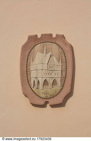 Replica  illustration and miniature of the German Goldsmith's House with year as coat of arms  Altstädter Markt  Hanau  Hesse  Germany  Europe