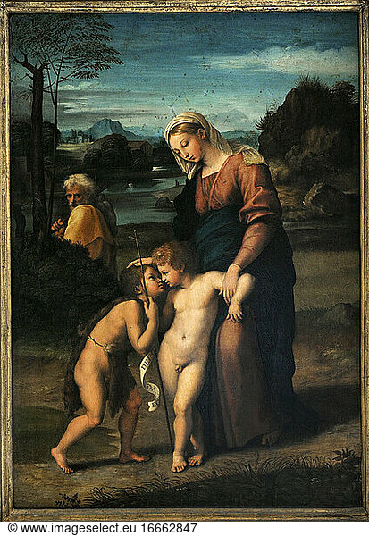 Replica of Raphael and Giovan Francesco Penni. Holy Family with Saint John the Baptist as a child  called Madonna del Passeggio  1518-1520. Farnese Collection. National Museum of Capodimonte. Naples. Italy.