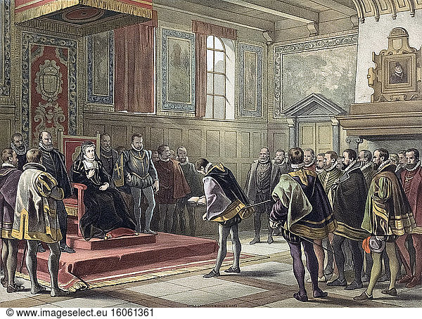 Representatives of the lesser nobility in the Habsburg Netherlands submit a petition to the Regent  Margaret of Parma. Known as the Compromise or Covenant of Nobles it sought to have the government moderate the “placards or ordinances against heresy imposed to suppress Protestant teachings. After a 19th century illustration by Samuel Lankhout  after a work by Hendrik Albert van Trig.