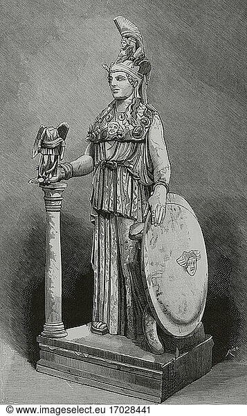 Reproduktion der vom klassischen griechischen Bildhauer Fidea geschaffenen Statue der Göttin Athena (der römischen Minerva)  bekannt als Athena Parthenos . Kupferstich von Rico. La Ilustracion Española y Americana  1881.