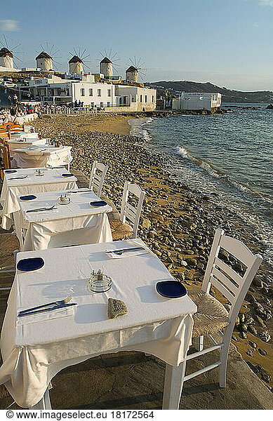 Restaurant Tables Along the Beach  Mykonos Town  Mykonos  Cyclades Islands  Greece
