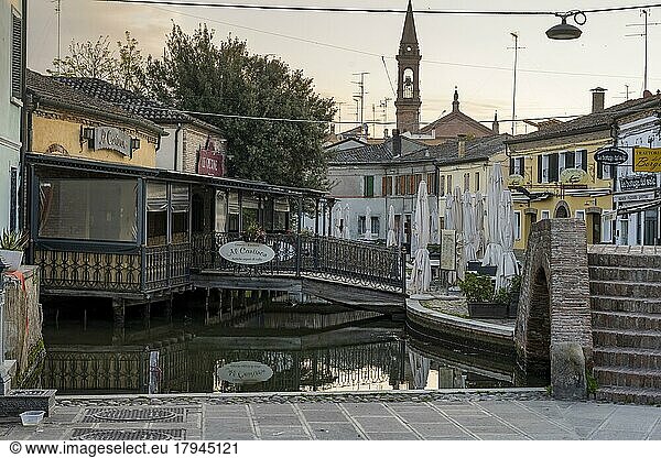 Restaurants on the canal  Comacchio  Emilia-Romagna  Italy  Europe