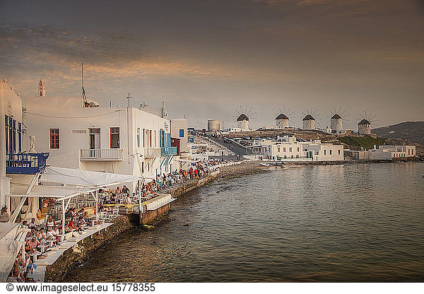 Restaurants on waterfront in Mykonos  Greece