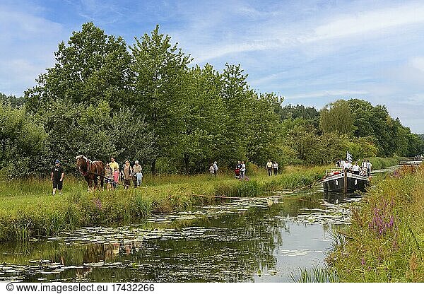 Restored towboat  horse-drawn barge  tugboat  travelling with tourists on the old Ludwig-Danube-Main Canal near the municipality of Burgthann  Middle Franconia  Franconia  Bavaria  Germany  Europe