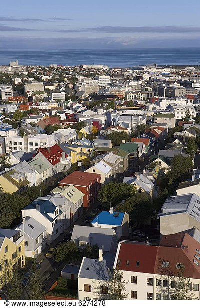 Reykjavik Hauptstadt niedrig Hafen Gebäude Großstadt Hauptstadt bunt Ansicht Hallgrímskirkja Luftbild Fernsehantenne Island