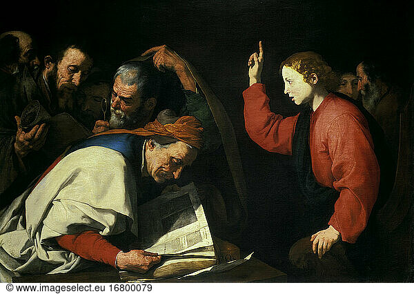 Ribera  Jusepe de  call. Lo Spagnoletto. 1591–1652. “Jesus and the Scholars (Jesus  aged twelve  in discussion with scholars)  c. 1625.
Oil on canvas  129 × 175 cm.
Inv. no. 328
Vienna  Kunsthistorisches Museum.