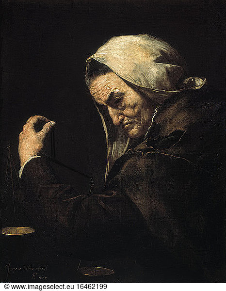 Ribera  Jusepe de  called lo Spagnoletto 1591–1652.“Veija usurera (The Old Usurer).Oil on canvas.Madrid  Museo del Prado.
