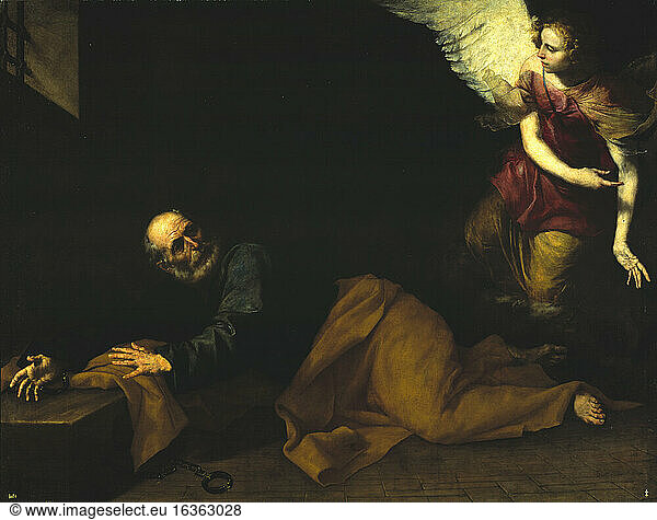 Ribera  Jusepe de 1591–1652.“The Release of Peter from Prison .Oil on canvas  177 × 232cm.Madrid  Museo del Prado.