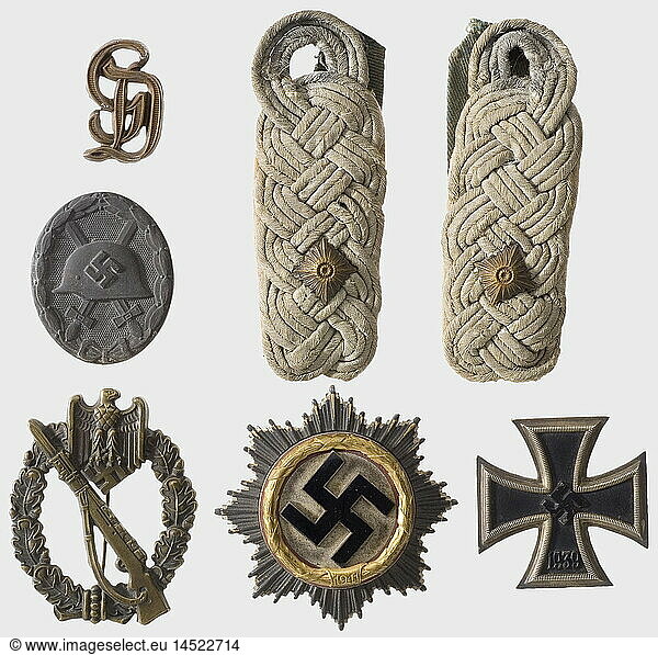 Richard Schulze-Kossens - German awards.  German Cross in Gold  heavy issue with four full rivets  punched '1' on the attachment pin (pivot repaired) for Deschler/Munich  tarnished. Weight 70 g. Iron Cross 1st Class of 1939  Infantry Assault Badge in Bronze (hollow stamped)  Wound Badge in Silver  a pair of shoulder boards for a Lieutenant Colonel (Oberstleutnant) of Infantry  one shoulder tab insignia 'GD' (without pins)  and four membership pins from veterans organizations. historic  historical  1930s  20th century  Waffen-SS  armed division of the SS  armed service  armed services  NS  National Socialism  Nazism  Third Reich  German Reich  Germany  military  militaria  utensil  piece of equipment  utensils  object  objects  stills  clipping  clippings  cut out  cut-out  cut-outs  fascism  fascistic  National Socialist  Nazi  Nazi period