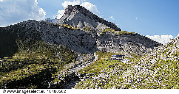 Rifugio Puez on sunny day at Dolomites  Italy