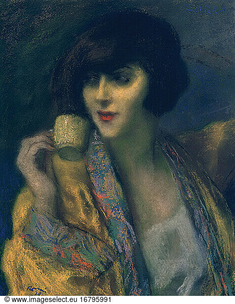 Rippl-Rónai  József 1861–1927.
“Lady with Chinese cup   1920.
(Elza Bányai  the artist’s lover whom he called Zorka).
Pastell on paper  51.5 × 41cm. Private Collection.