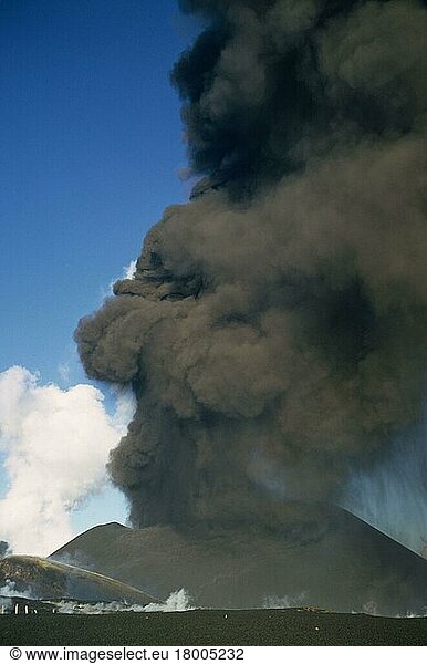 Rising column of smoke and ash from erupting volcano  Eldfell Volcano  Heimaey  Westman Islands  Iceland  1973  Europe