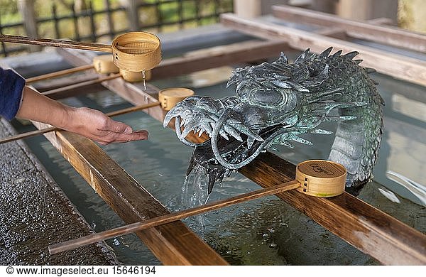Ritual washing of hands at a sink with dragon figure at a Japanese temple  Takayama  Gifu  Japan  Asia