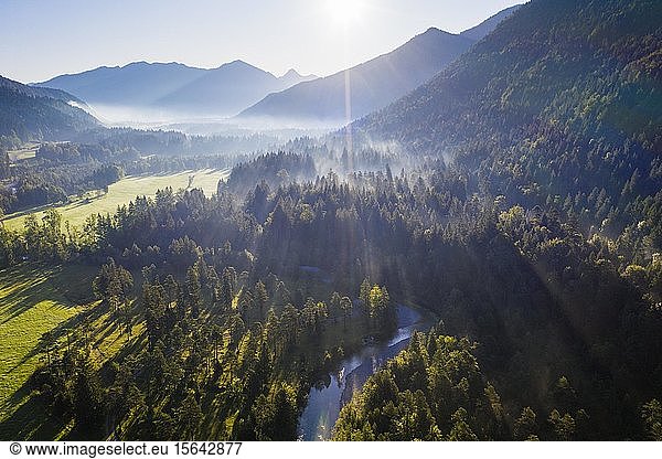 River Jachen  Jachenau near Lenggries  Isarwinkel  aerial view  Upper Bavaria  Bavaria  Germany  Europe