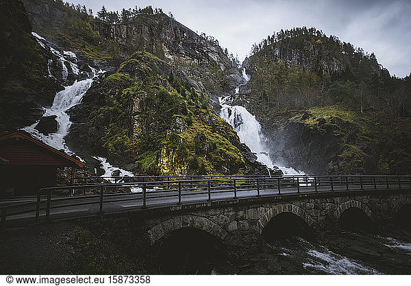 Road by Latefossen waterfall in Vestland  Norway