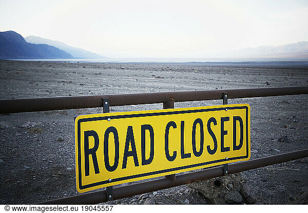 Road Closed sign in the desert. Death Valley National Park  California.