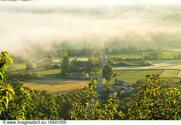 Road & early morning mist  Dordogne nr Chateau de Castelnaud  Dordogne  Aquitaine  France