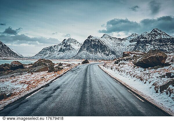 Road in Norwegian fjord. Lofoten islands  Norway  Europe