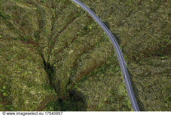 Road on green landscape of Sao Miguel island  Azores  Portugal