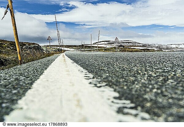 Road over monuntain range of Hardangervidda  Provinz Viken und Vestland  Norway  Europe