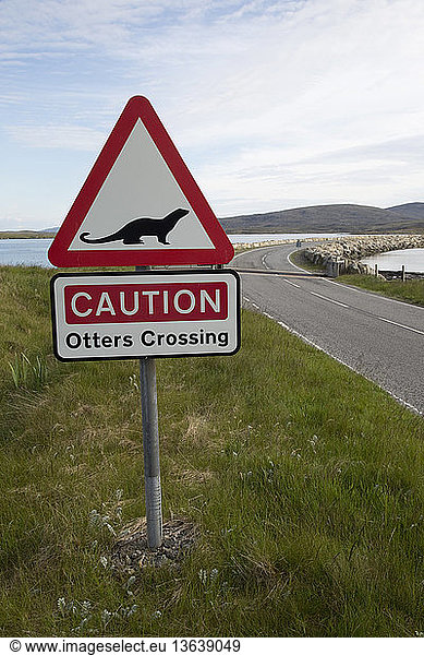 Road sign warning of otters crossing at the Causeway on North Uist  Outer Hebrides  Scotland.