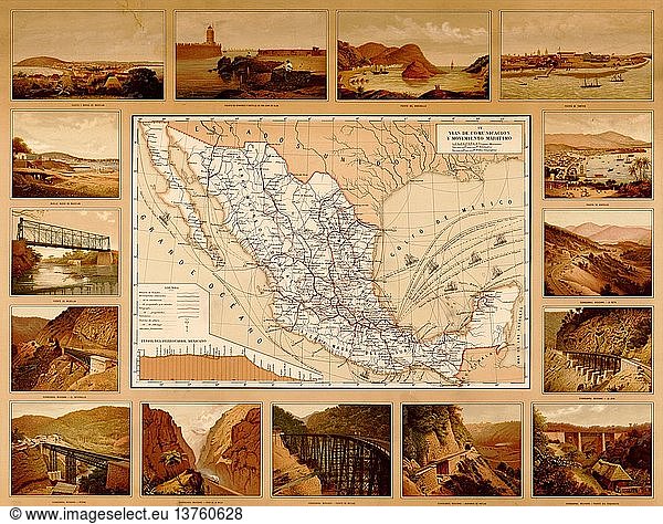 Roads  Harbors  waterways  bridges  highways and coastlines of Mexico 1885