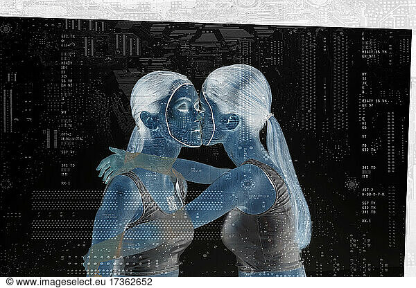 Robotic woman embracing and kissing self over black background