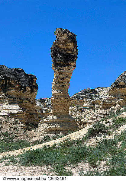 Rock formations in Gove County  Kansas. Many fossils are found in the limestone rocks of this area of Kansas