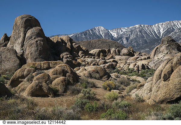 Rock formations in the Alabama Hills with blue sky; California  United States of America