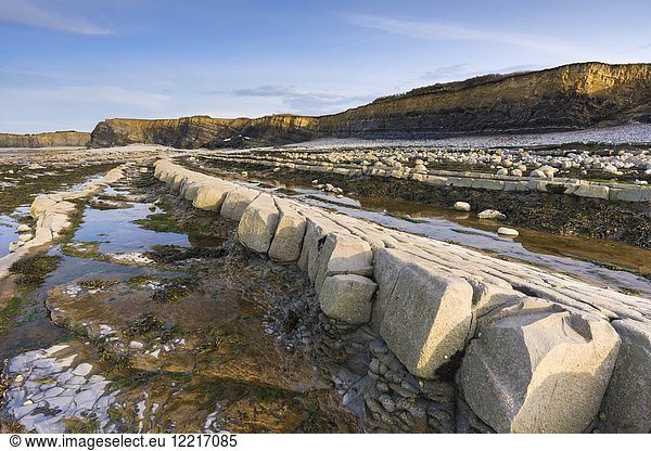 Rock formations on the Jurassic Coast of the Bristol Channel at Kilve Beach Somerset England.