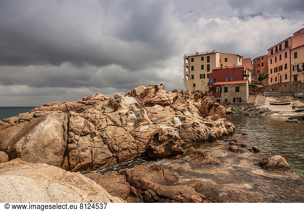 Rocks and houses Marciana town  Elba Island  Italy