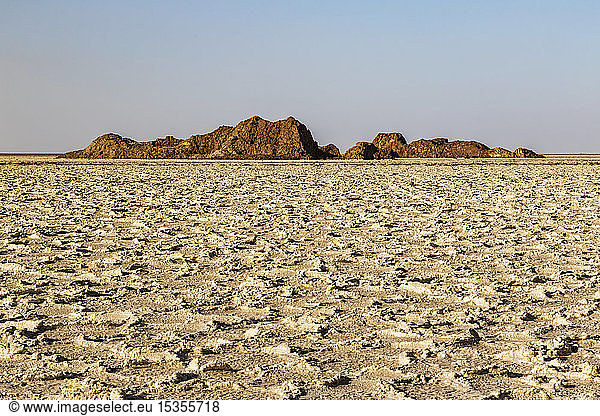 Rocky outcrop in the salt flats of Lake Karum (Lake Assale)  Danakil Depression; Afar Region  Ethiopia