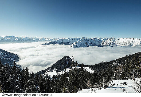 Rofan Mountains with heavy fog over Achen Lake and Inntal